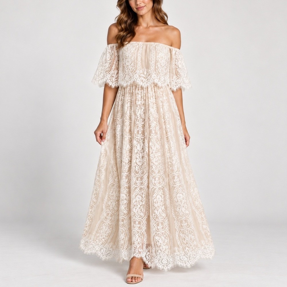 Baltic Born Caroline Lace Maxi Dress M Cream Off Shoulder Bridal Boho